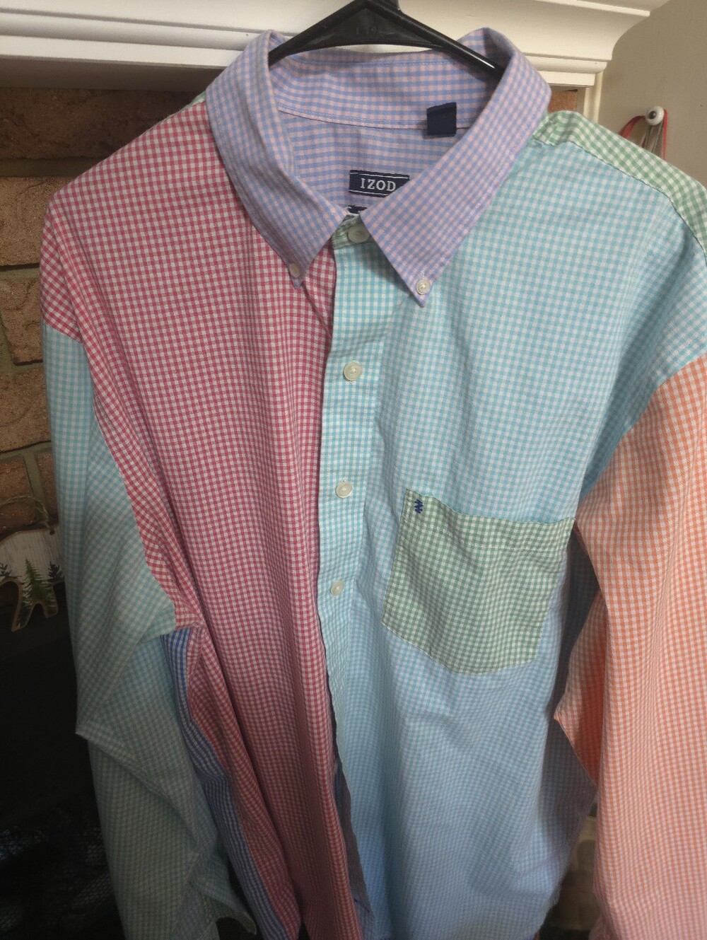 Izod Patchwork Gingham Button-Down Shirt in Lavender, Pink, Blue, Mint & Peach